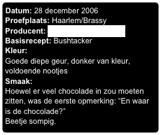 Datum: 28 december 2006
Proefplaats: Haarlem/Brassy
Producent: Australian Homemade
Basisrecept: Bushtacker
Kleur:
Goede diepe geur, donker van kleur, voldoende nootjes
Smaak:
Hoewel er veel chocolade in zou moeten zitten, was de eerste opmerking: “En waar is de chocolade?”
Beetje sompig.