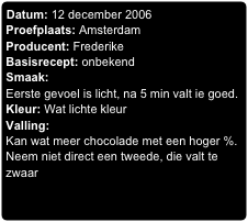 Datum: 12 december 2006
Proefplaats: Amsterdam
Producent: Frederike
Basisrecept: onbekend
Smaak:
Eerste gevoel is licht, na 5 min valt ie goed.
Kleur: Wat lichte kleur
Valling:
Kan wat meer chocolade met een hoger %.
Neem niet direct een tweede, die valt te zwaar
